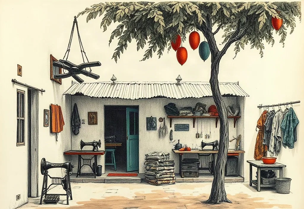 Cour d'atelier artisanal ouest-africain, postes de couture et établi de ferronnerie sous un auvent.
